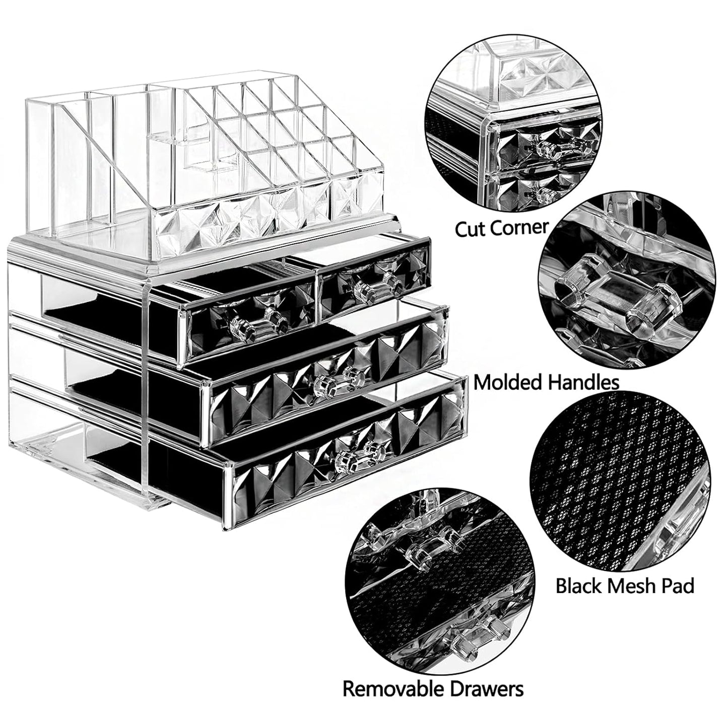 Acrylic Clear Dustproof Makeup Storage Organizer with 4 Stackable Drawers – Large Cosmetic and Skin Care Display Case for Bathroom Vanity (Diamond Pattern Clear)