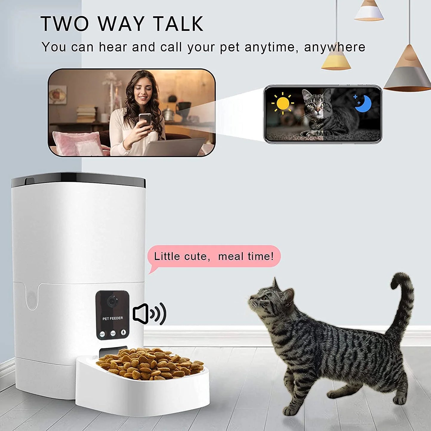  6L Automatic Pet Feeder for Cats and Dogs with HD Camera, App Control, Voice Recording, and Timed Feeding Schedule; WiFi-Enabled Food Dispenser with Dual Power Supply.