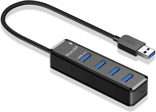 H302 4-Port USB 3.0 Hub with 1ft Long Cable – Multi-Port USB Expander with Micro-B Charging Port, Fast Data Transfer USB Splitter for Laptop, Compatible with Windows PC, Mac, Printer, and Mobile HDD