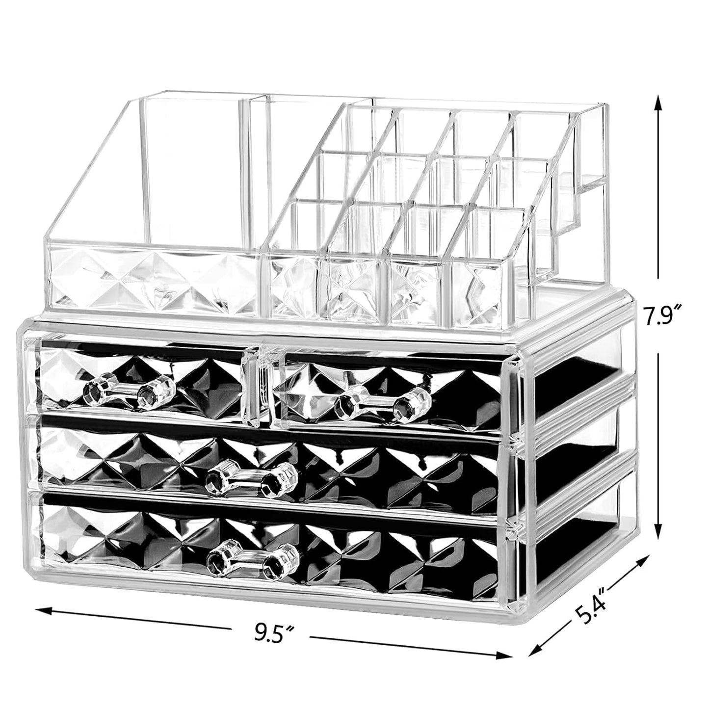 Acrylic Clear Dustproof Makeup Storage Organizer with 4 Stackable Drawers – Large Cosmetic and Skin Care Display Case for Bathroom Vanity (Diamond Pattern Clear)