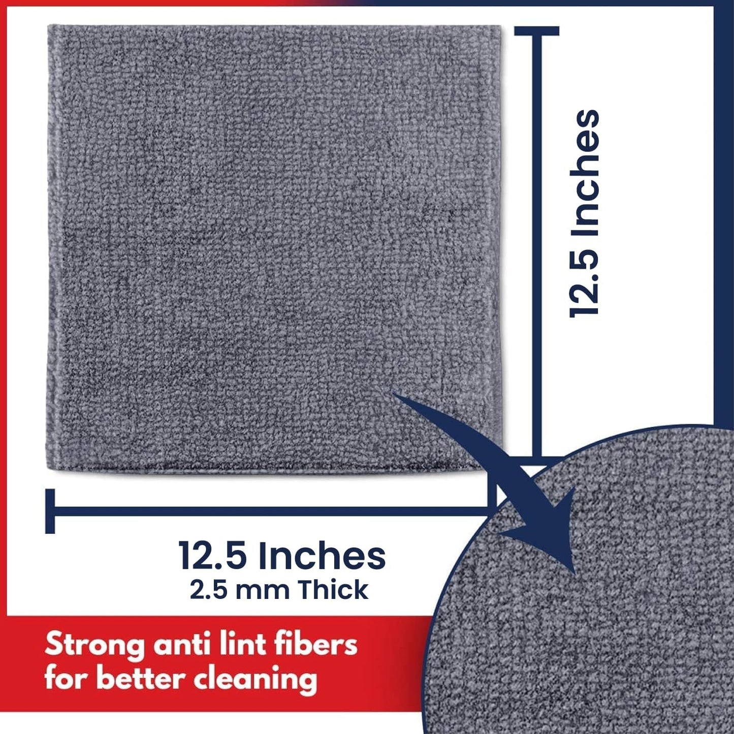 Microfiber Cleaning Cloths, Grey - Set of 12 (12.5" x 12.5") - High-Performance, Ultra-Absorbent Towels with 1200 Wash Durability, Perfect for Streak-Free Mirror Shine and Effective Grime & Liquid Removal – Ideal for Car Washing.