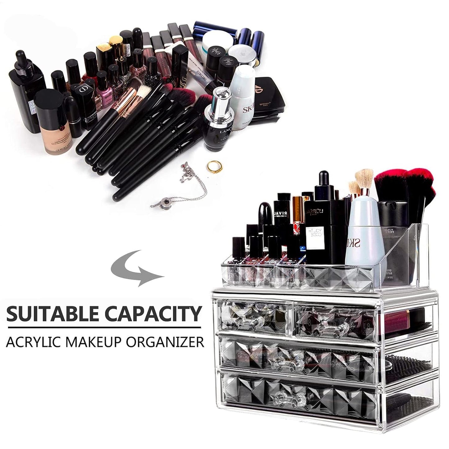 Acrylic Clear Dustproof Makeup Storage Organizer with 4 Stackable Drawers – Large Cosmetic and Skin Care Display Case for Bathroom Vanity (Diamond Pattern Clear)