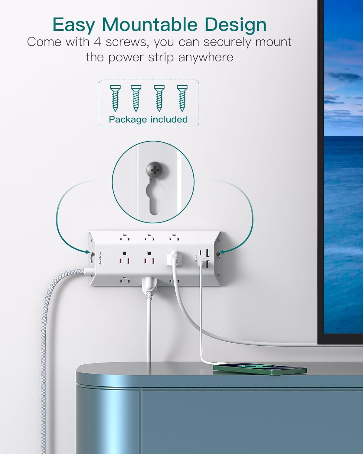 Power Strip Surge Protector with 5-Foot Flat Plug Extension Cord, featuring 4 USB Ports (including 2 USB-C), 9 Widely Spaced Outlets – Ideal Charging Station for Home Office and College Dorm Essentials.