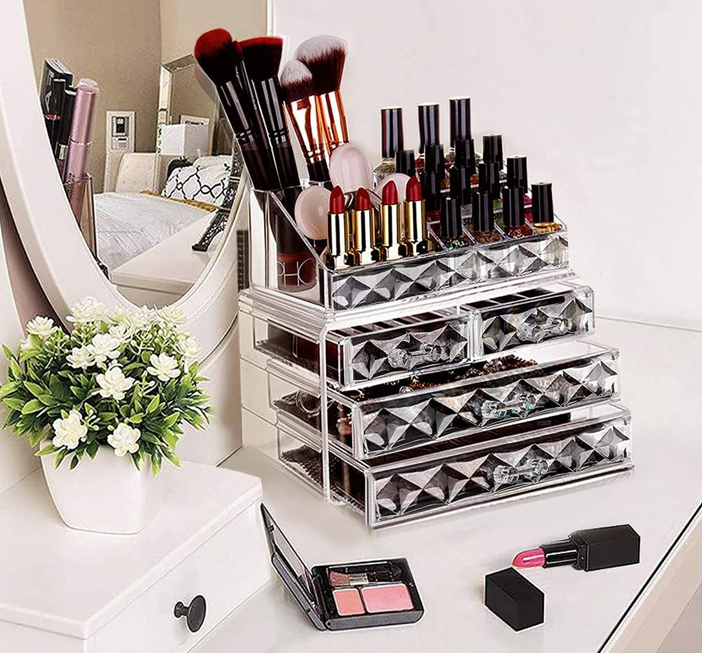 Acrylic Clear Dustproof Makeup Storage Organizer with 4 Stackable Drawers – Large Cosmetic and Skin Care Display Case for Bathroom Vanity (Diamond Pattern Clear)