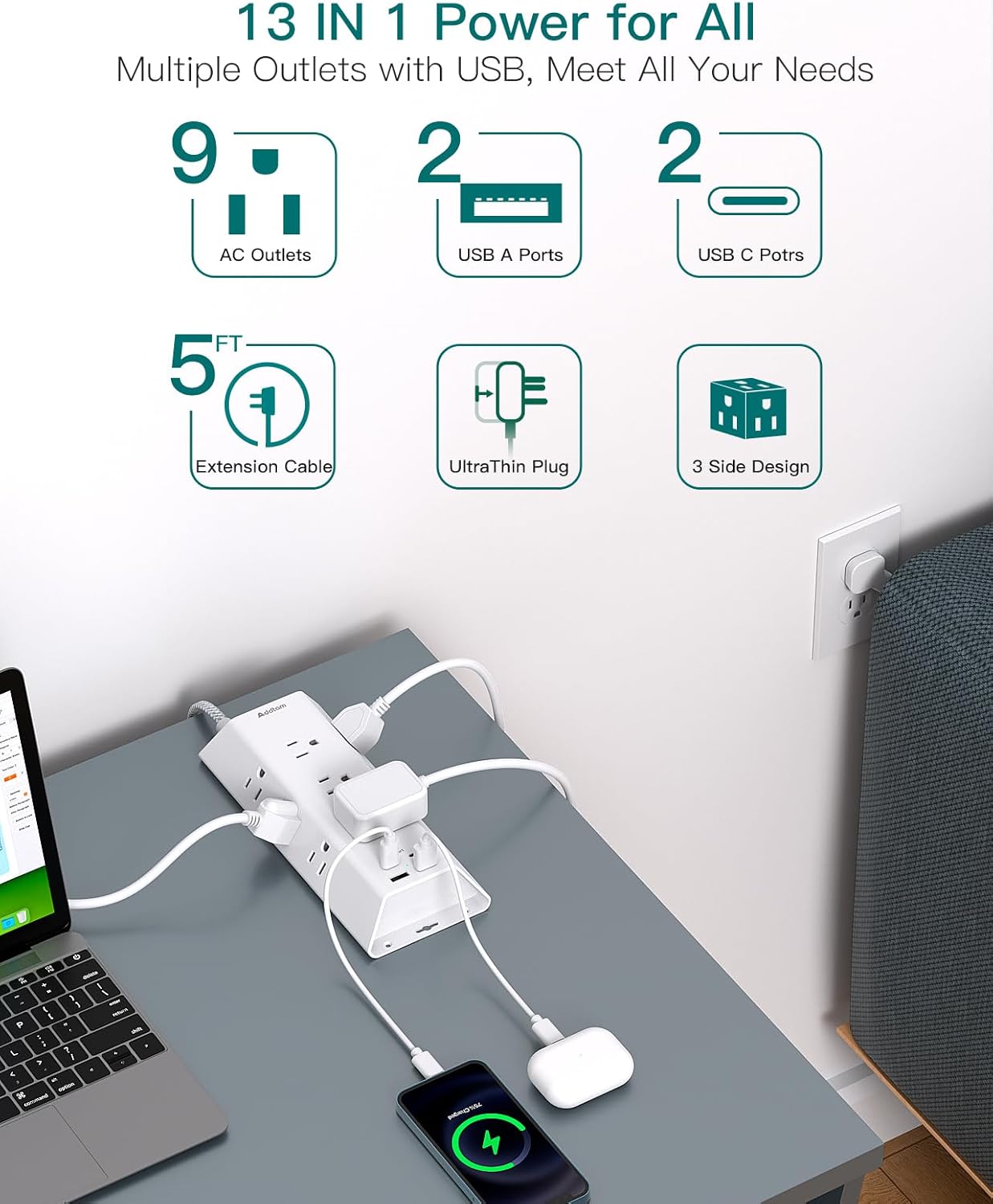 Power Strip Surge Protector with 5-Foot Flat Plug Extension Cord, featuring 4 USB Ports (including 2 USB-C), 9 Widely Spaced Outlets – Ideal Charging Station for Home Office and College Dorm Essentials.