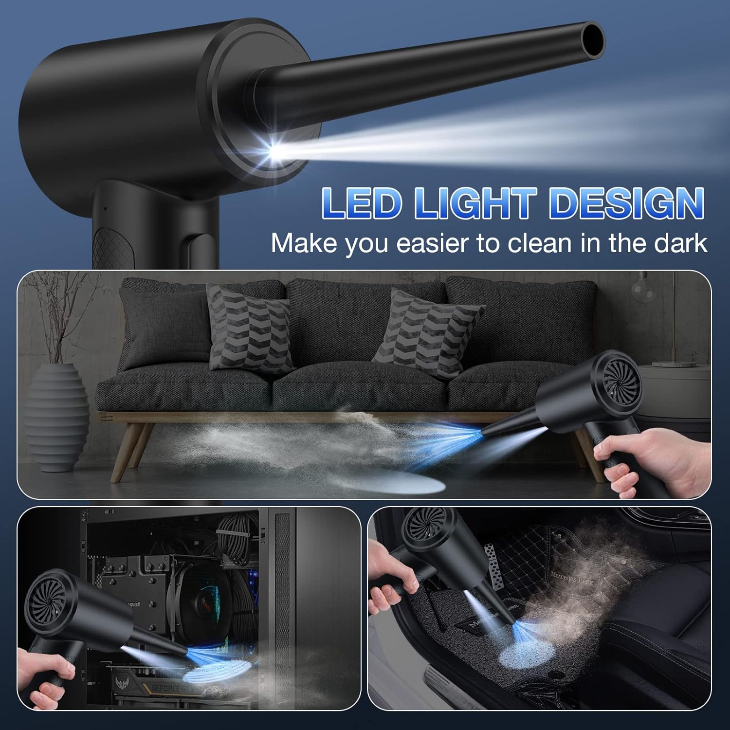 Cordless Electric Air Duster with 3-Speed Settings, Up to 51,000 RPM, 6000mAh Rechargeable Battery, and LED Light – Ideal for Cleaning Laptops, Keyboards, Pet Hair, and Crumbs – A Sustainable Alternative to Compressed Air Cans