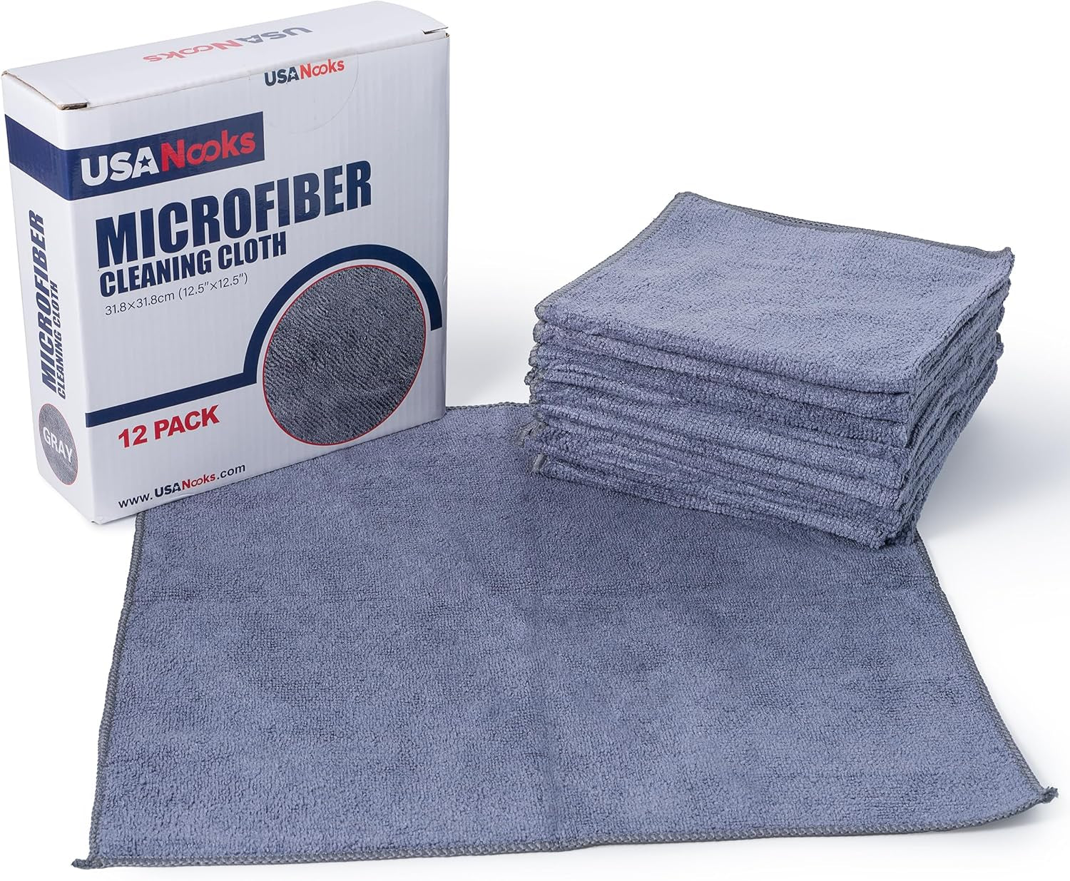 Microfiber Cleaning Cloths, Grey - Set of 12 (12.5" x 12.5") - High-Performance, Ultra-Absorbent Towels with 1200 Wash Durability, Perfect for Streak-Free Mirror Shine and Effective Grime & Liquid Removal – Ideal for Car Washing.