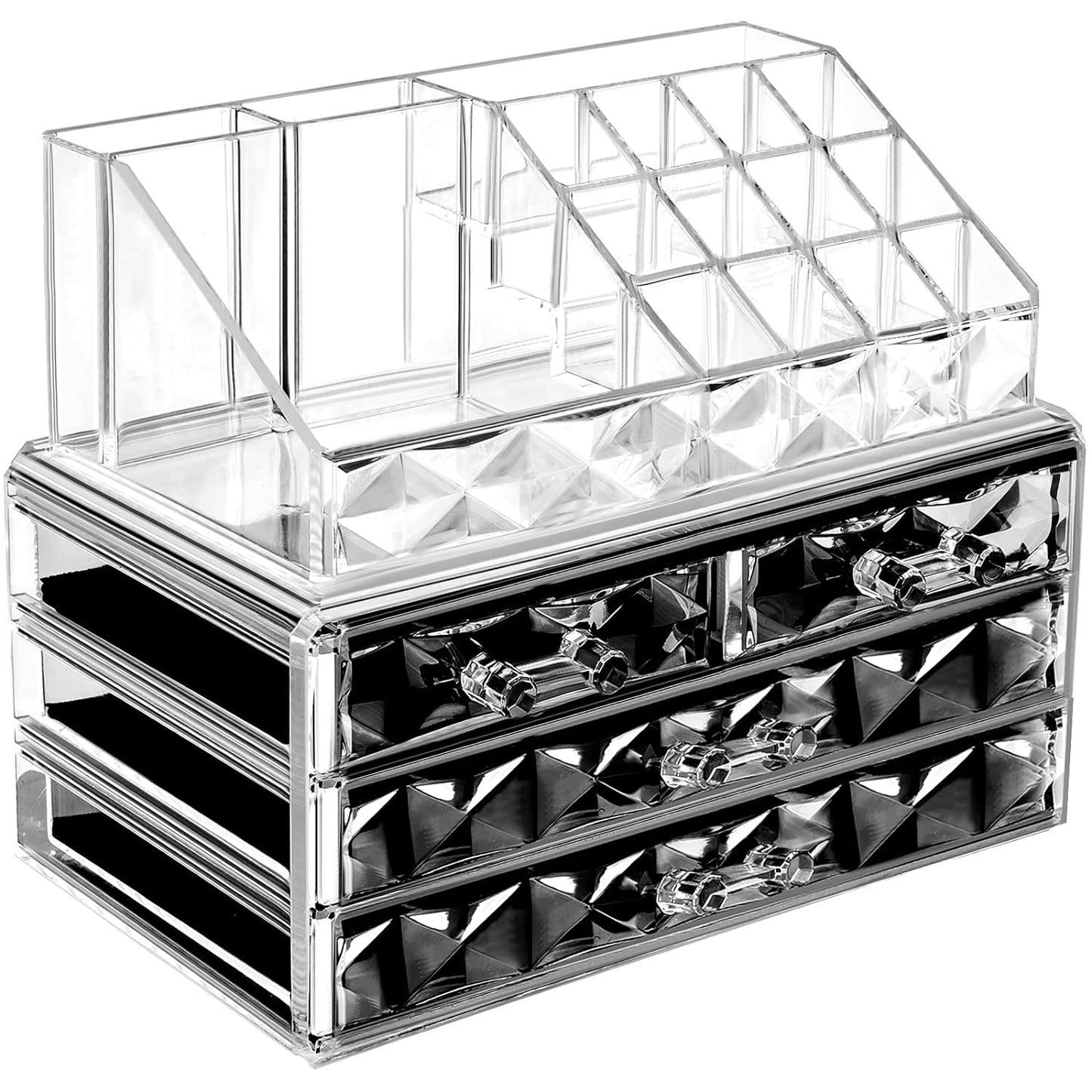 Acrylic Clear Dustproof Makeup Storage Organizer with 4 Stackable Drawers – Large Cosmetic and Skin Care Display Case for Bathroom Vanity (Diamond Pattern Clear)