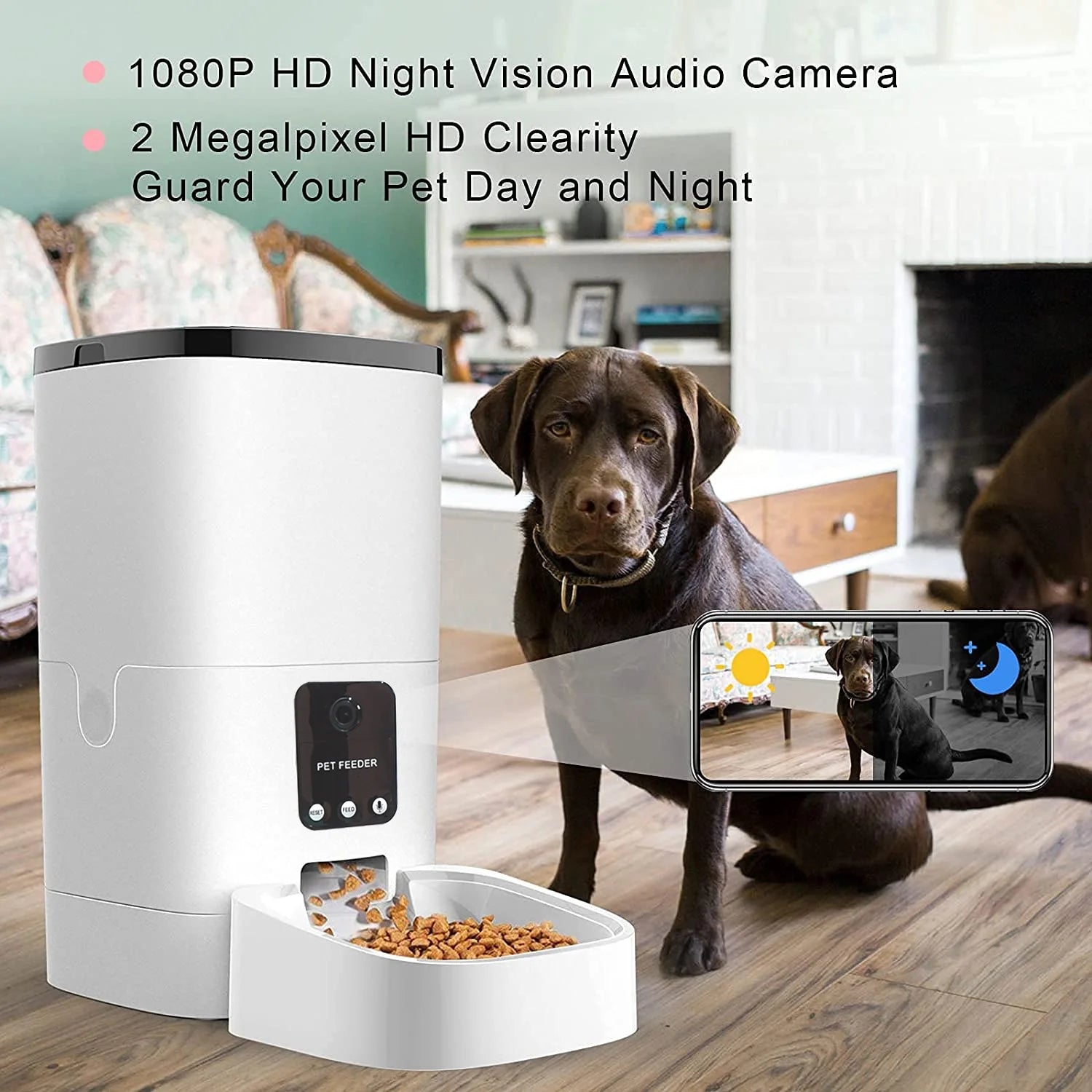  6L Automatic Pet Feeder for Cats and Dogs with HD Camera, App Control, Voice Recording, and Timed Feeding Schedule; WiFi-Enabled Food Dispenser with Dual Power Supply.