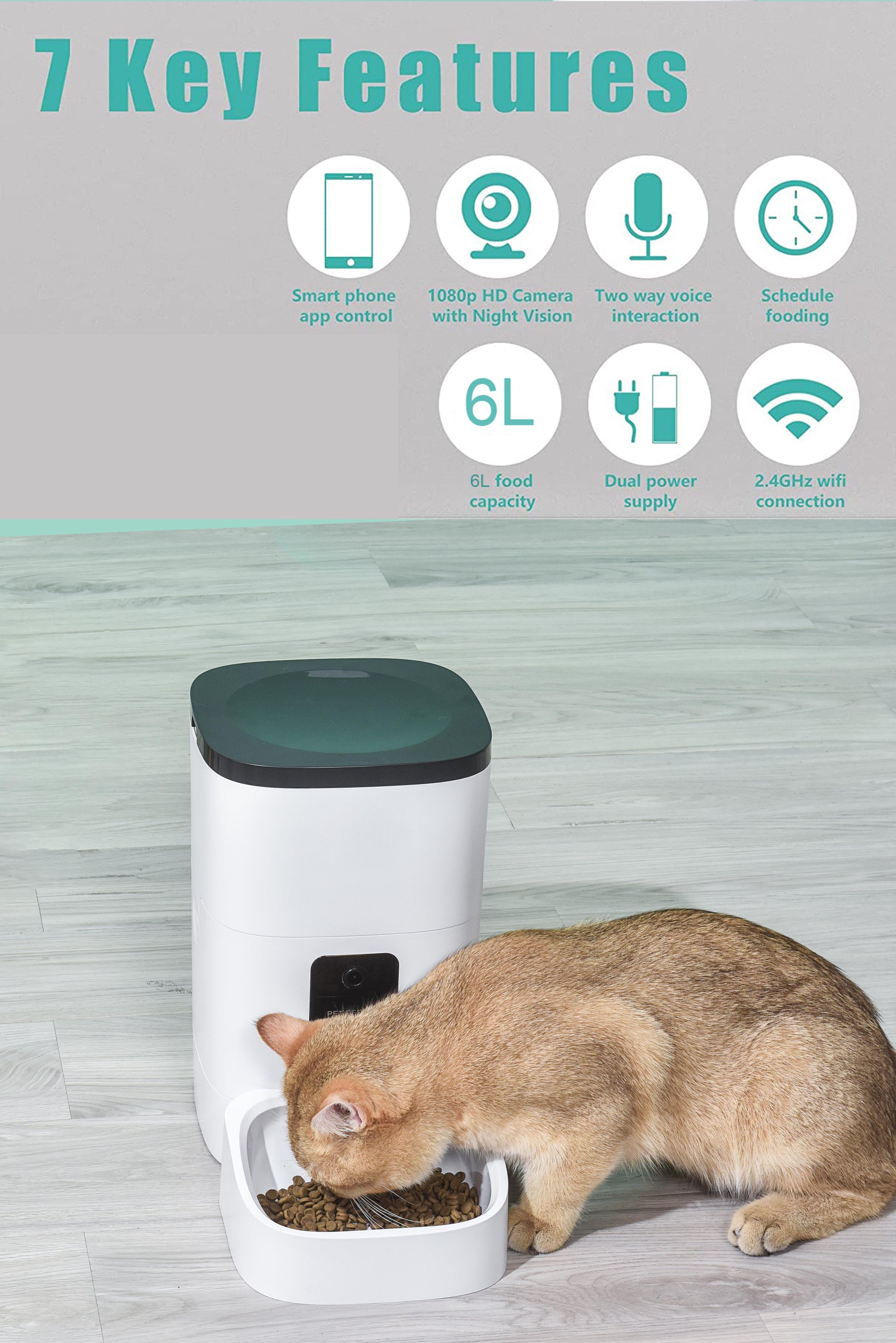  6L Automatic Pet Feeder for Cats and Dogs with HD Camera, App Control, Voice Recording, and Timed Feeding Schedule; WiFi-Enabled Food Dispenser with Dual Power Supply.