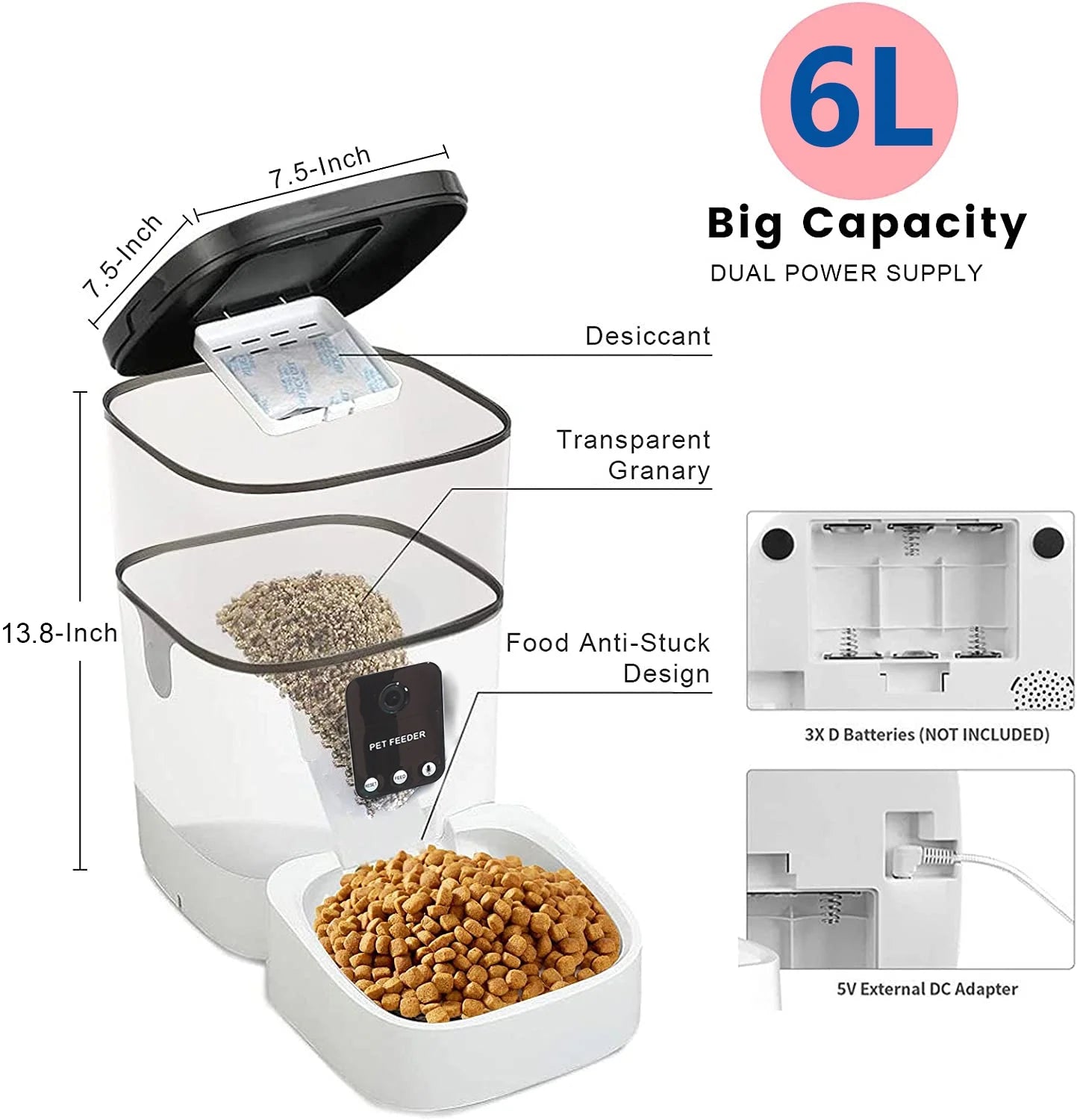  6L Automatic Pet Feeder for Cats and Dogs with HD Camera, App Control, Voice Recording, and Timed Feeding Schedule; WiFi-Enabled Food Dispenser with Dual Power Supply.