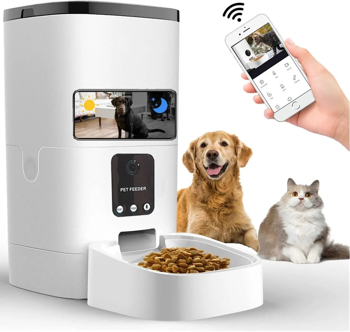  6L Automatic Pet Feeder for Cats and Dogs with HD Camera, App Control, Voice Recording, and Timed Feeding Schedule; WiFi-Enabled Food Dispenser with Dual Power Supply.