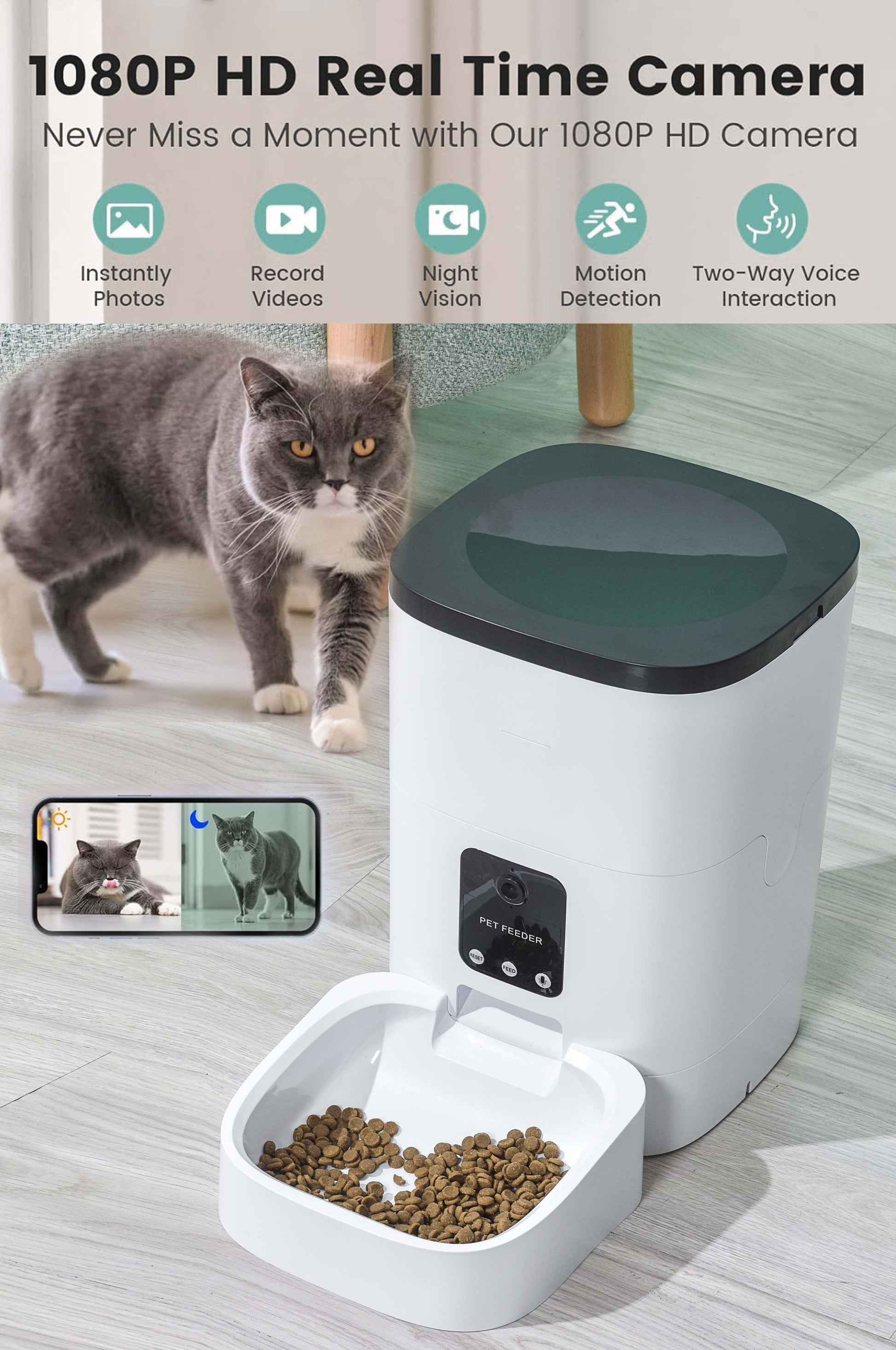  6L Automatic Pet Feeder for Cats and Dogs with HD Camera, App Control, Voice Recording, and Timed Feeding Schedule; WiFi-Enabled Food Dispenser with Dual Power Supply.